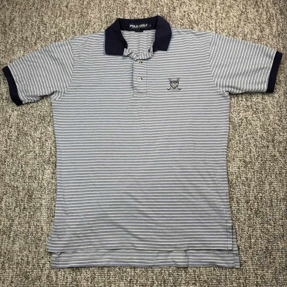 Vintage Ralph Lauren Polo Shirt Mens Medium Striped Golf Rugby Preppy Blue